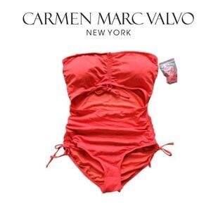 Carmen Marc Valvo Women's Red Strapless Bandeau Cut Out Swimsuit Size 12
